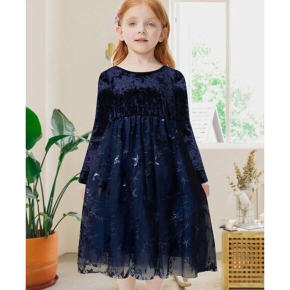 Meilleur Moment Girls Dress Navy Velvet Lace Star Tulle Bow Back Size 12 NWOT - Picture 2 of 7